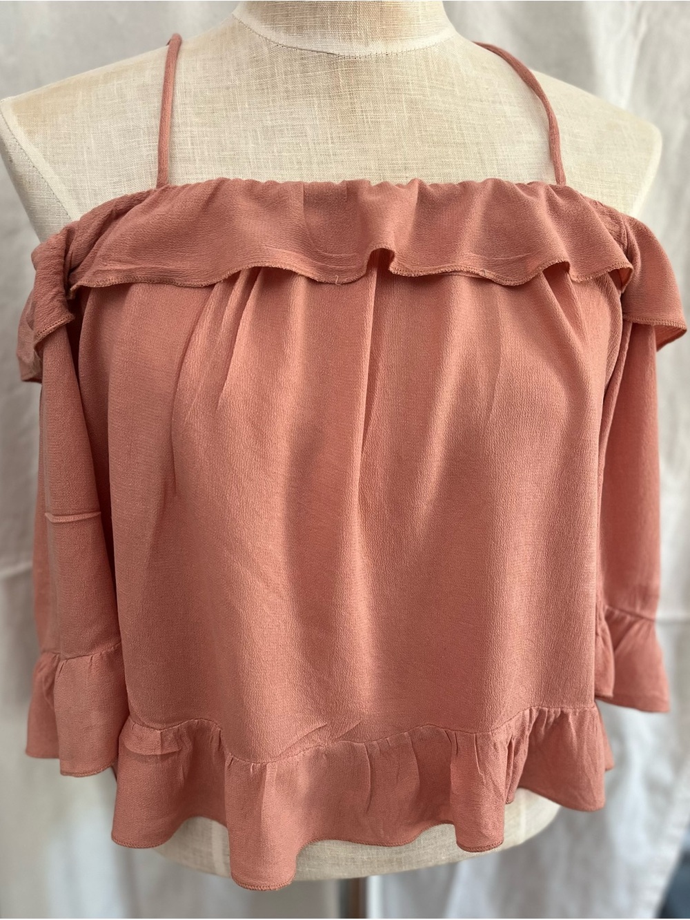 Elodie medium off shoulder ruffled crop top peach 100% rayon